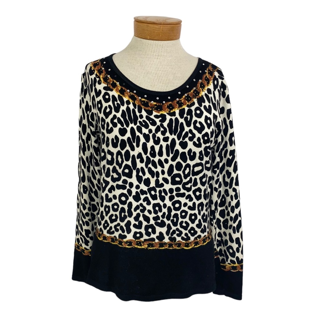 Peck & Peck Animal Print Sweater w/ Rhinestones Accents Med